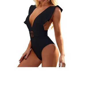 Black Plunge One Piece Swimsuit with Belt